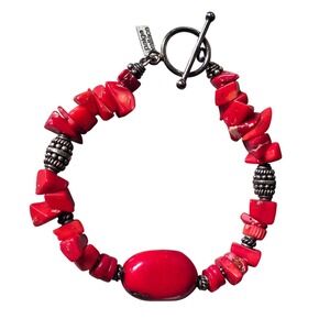 Paige Wallace Sterling Silver Red Coral Beaded‎ Toggle Bracelet 7"
